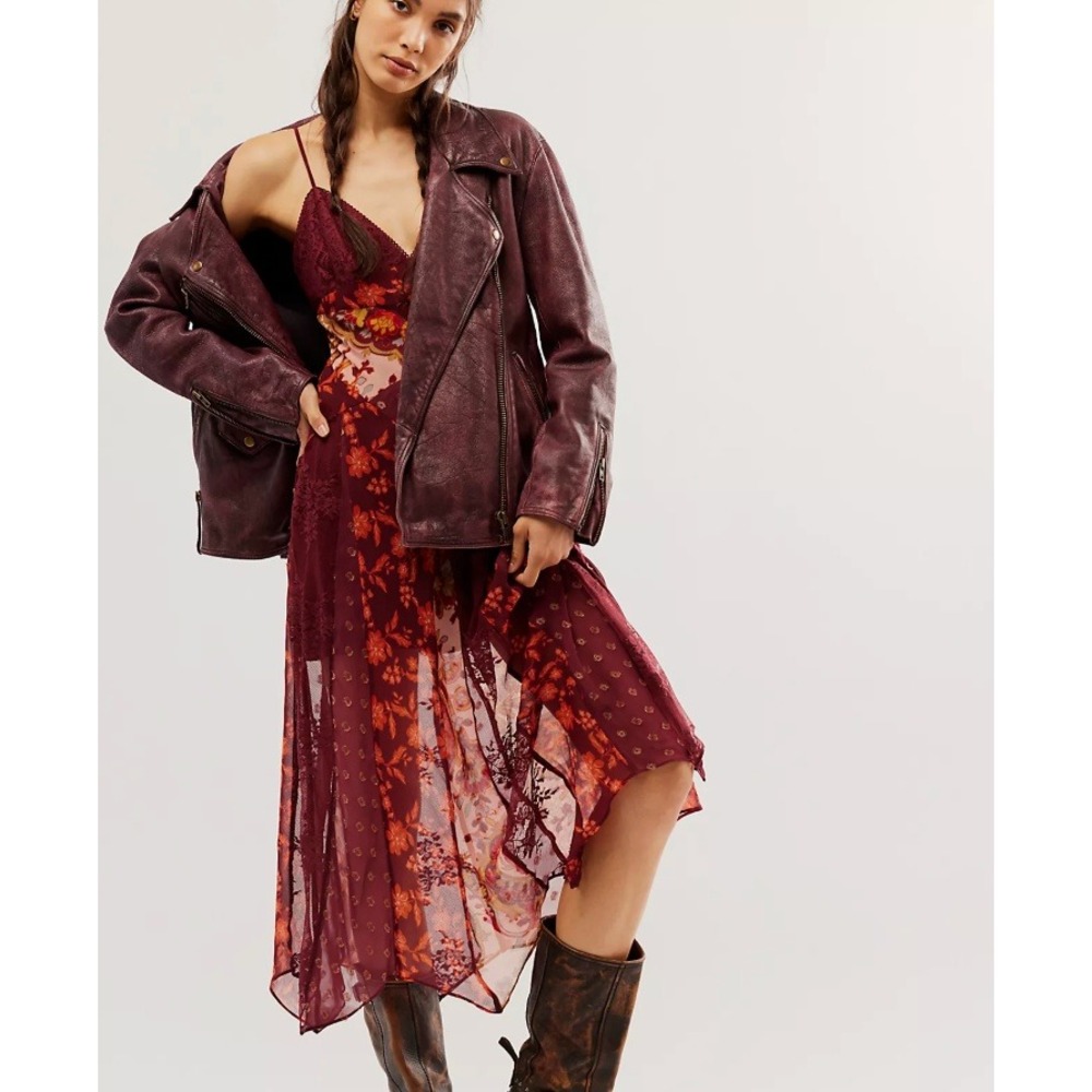 Free People Evangeline Floral Patchwork Lace Midi Dress in Burgundy sz L